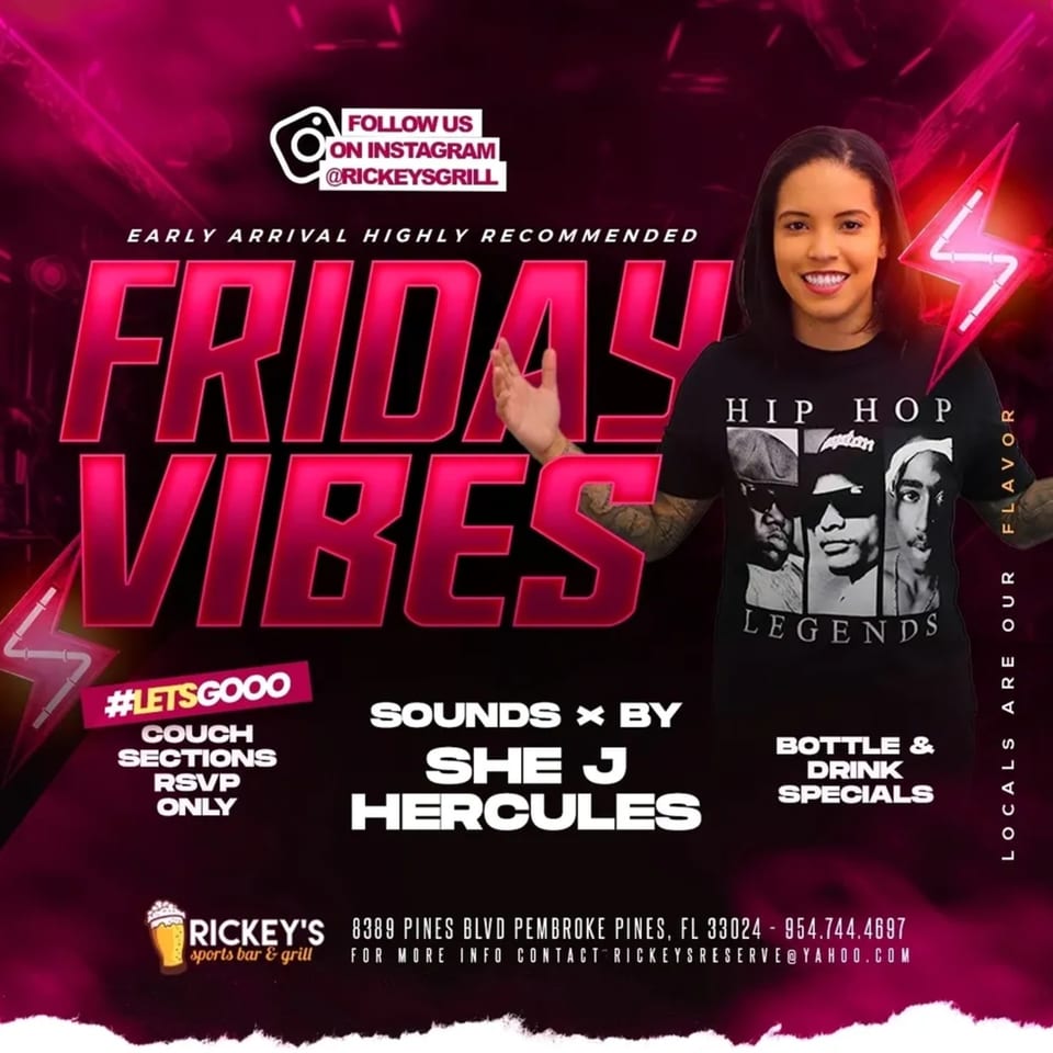 A woman in a "Hip Hop Legends" shirt promoting Rickey's Sports Bar & Grill's "Friday Vibes" event.